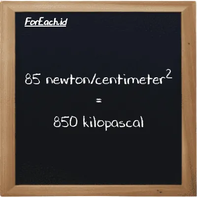 How to convert newton/centimeter<sup>2</sup> to kilopascal: 85 newton/centimeter<sup>2</sup> (N/cm<sup>2</sup>) is equivalent to 85 times 10 kilopascal (kPa)